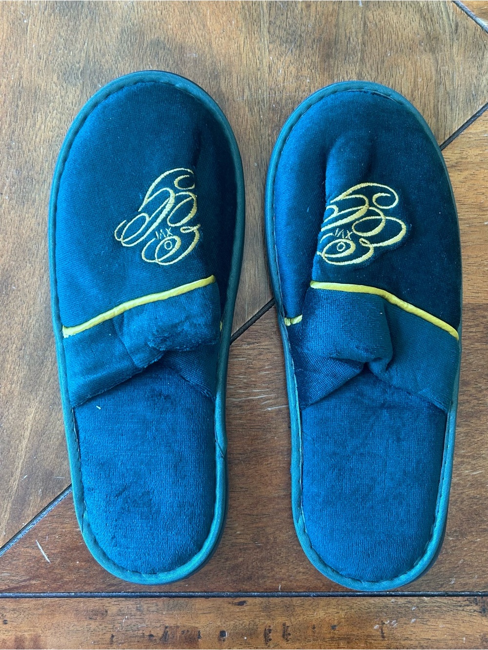 Women's Dark Teal Slip-On Velvet Slippers with Yellow Accent, Size 9